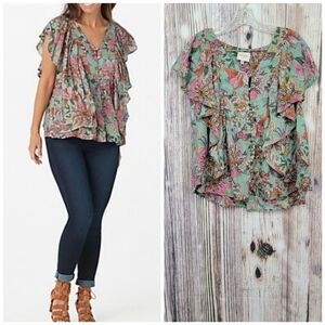 Haute Hippie Tribe Green Blooms Karen Flutter Top